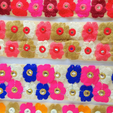 Beige Net Lace Trim In Blue, Off White, Fuchsia Pink And Gold Floral Embroidery And Mirror Embellishments
